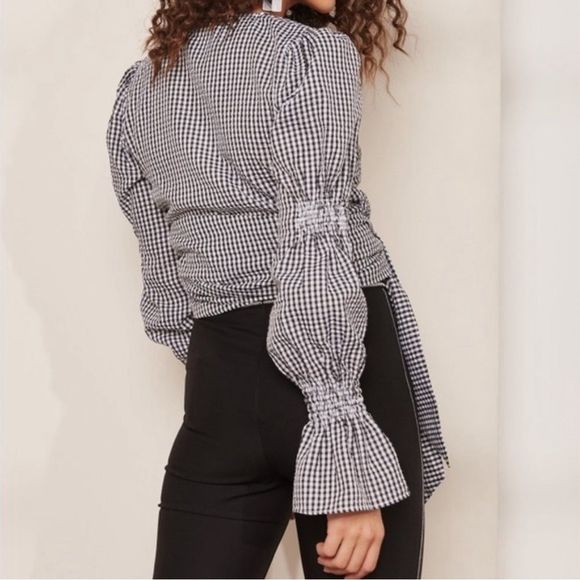 C/MEO Collective Best Love Gingham Wrap Top Puff Long Sleeve - Picture 2 of 5